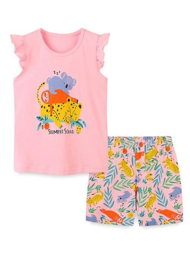 يونيكي Pink Crew Neck Cap Sleeve Printed Tshirt & Shorts