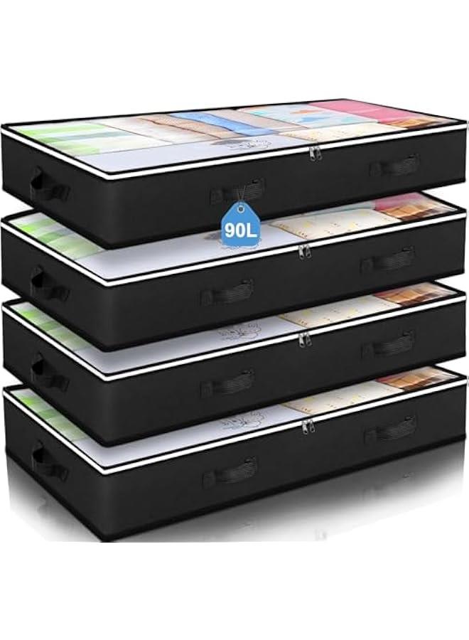 TRASSLE 90L Under Bed Storage Containers, Underbed Toy Organizers and Clothing Storage Bags, Closet Storage Bins with Clear Window for Organizing Comforter Bedding Clothes Bedroom (Black 4 pack) - Image 1