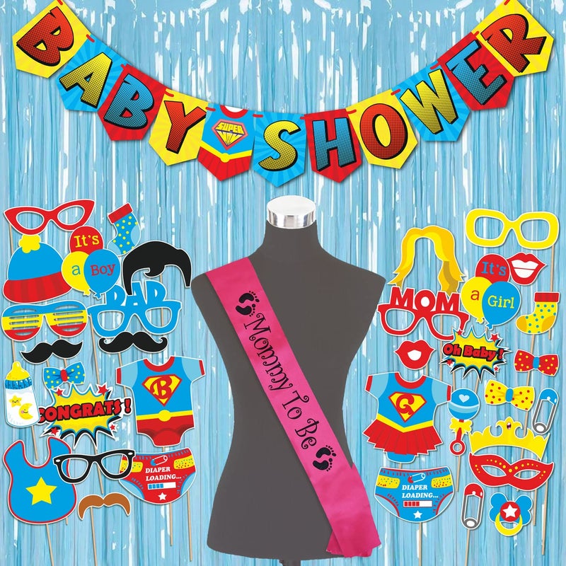 Wobbox Baby Shower Decoration Items| Baby Shower Ceremony Photo Booth Props For Photoshoot, Baby Shower Banner, Mom To Be Sash& Backdrop Foil Curtain, Godh Bharai Ceremony Decoration Kit-(FP2059) - Image 1