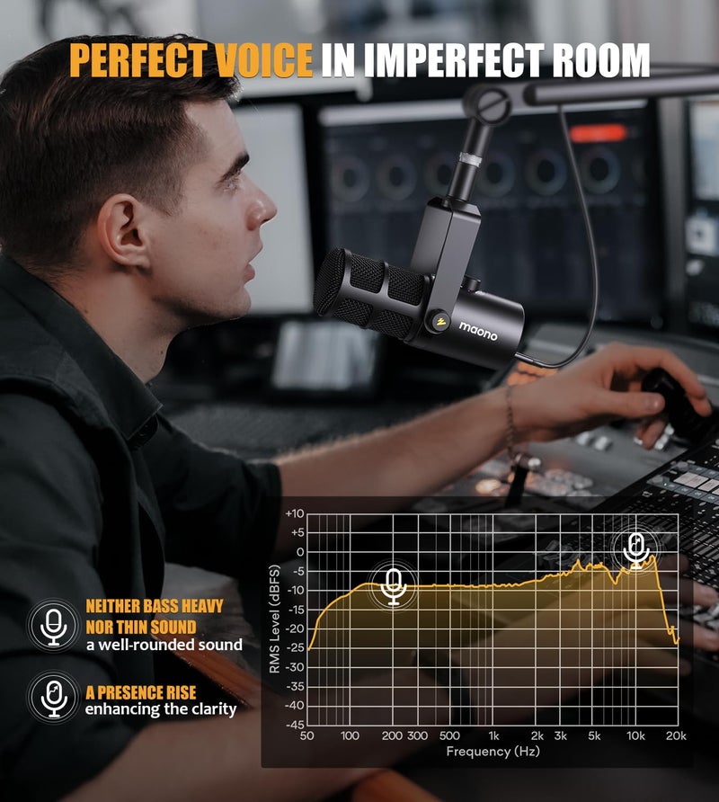 Maono ميكروفون ديناميكي MAONO، ميكروفون بودكاست USB/XLR لجهاز الكمبيوتر مع برنامج، EQ، زر كتم الصوت، مدخل سماعة، مقبض زيادة الصوت والتحكم في الحجم، ميكروفون استوديو للبث، التسجيل، البث المباشر والألعاب (PD400X) - Image 3
