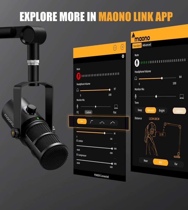 Maono ميكروفون ديناميكي MAONO، ميكروفون بودكاست USB/XLR لجهاز الكمبيوتر مع برنامج، EQ، زر كتم الصوت، مدخل سماعة، مقبض زيادة الصوت والتحكم في الحجم، ميكروفون استوديو للبث، التسجيل، البث المباشر والألعاب (PD400X) - Image 4