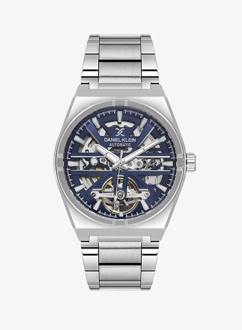 Daniel Klein Men's Stainless Steel Silver Brass Case Analog Dark Blue Round Skeleton Dial Automatic Skeleton 50 Meters Water Resistant