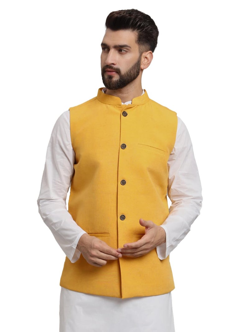 LATEST CHIKAN Men's Traditional Cotton Solid Nehru Jacket/Waistcoat -SADRI-DB-Y-36 - Image 1