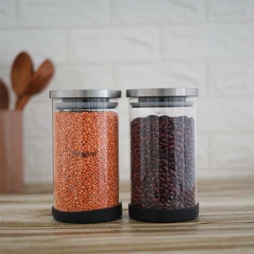 Femora Borosilicate Glass Jar With Silicon Bottom & Airtight Steel Lid| Glass Jar For Kitchen| Kitchen Storage Jars|1 Year Warranty|Jars for Gifting, Snacks, Spice, Cookies, Dry Food|1000 ML|Set Of 2 - Image 1