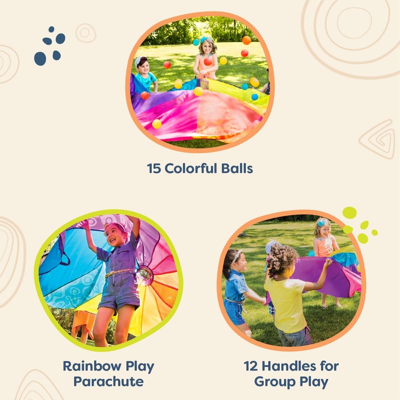 B. Toys ب. ألعاب - مظلة وو-هيو! - رياضة في الهواء الطلق - مظلة لعب مع 15 كرة ملونة - 12 مقبض - خيمة هوائية بطول 8 أقدام - ألعاب خارجية - ألوان قوس قزح - 3 سنوات وما فوق - Image 3