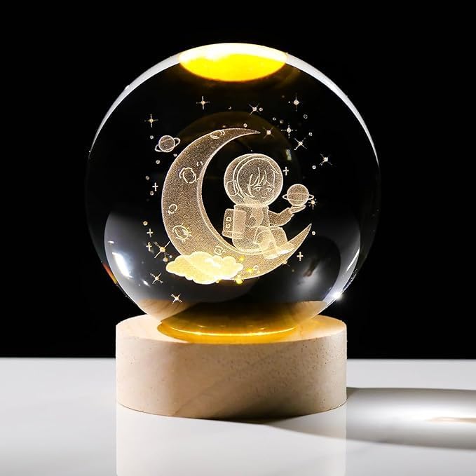 SHOPOGENIX Solar System Crystal Ball Night Light,Glass Ball Night LED Lamp with USB Powered 2.36 Inch Wooden Base Colorful Crystal Ball for Gifts Men,Women,Kids,Boys,Girls (Moon Austronout) - Image 3