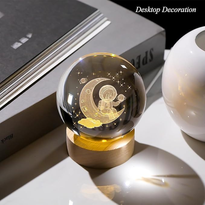 SHOPOGENIX Solar System Crystal Ball Night Light,Glass Ball Night LED Lamp with USB Powered 2.36 Inch Wooden Base Colorful Crystal Ball for Gifts Men,Women,Kids,Boys,Girls (Moon Austronout) - Image 4
