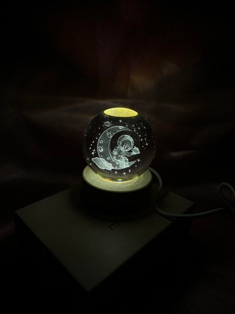 SHOPOGENIX Solar System Crystal Ball Night Light,Glass Ball Night LED Lamp with USB Powered 2.36 Inch Wooden Base Colorful Crystal Ball for Gifts Men,Women,Kids,Boys,Girls (Moon Austronout) - Image 2