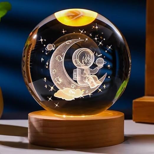 SHOPOGENIX Solar System Crystal Ball Night Light,Glass Ball Night LED Lamp with USB Powered 2.36 Inch Wooden Base Colorful Crystal Ball for Gifts Men,Women,Kids,Boys,Girls (Moon Austronout) - Image 5