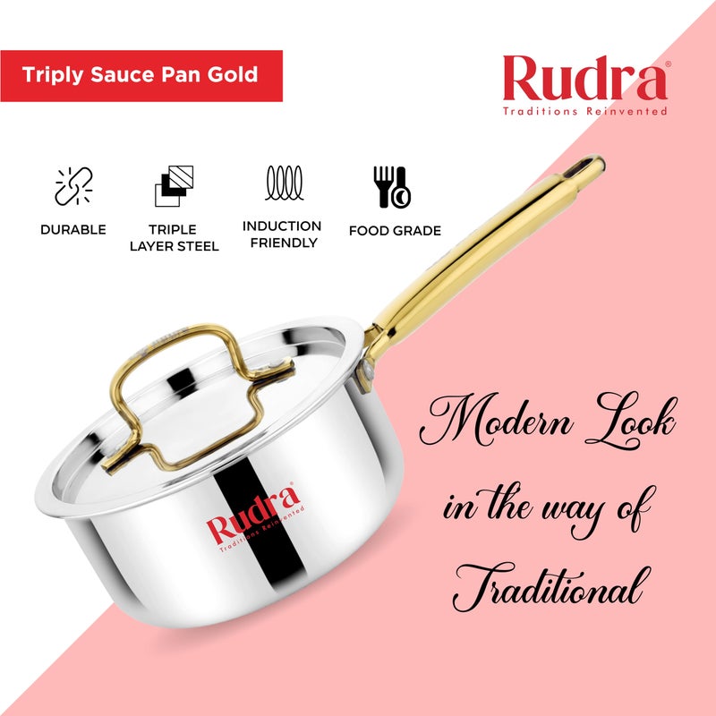 Rudra Triply Stainless Steel Cookware Saucepan Gold with Lid - 2.5mm Thick | Tea, Chai, Milk Pan for Boiling | Induction Base | 5 Years Warranty (16 cm) - Image 2
