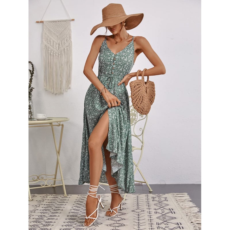 BROVAVE Women's 2025 Summer Casual Boho Sundress Polka Dot Spaghetti Strap V Neck Flowy Midi Dresses(008 Ditsy Green, Small) - Image 5