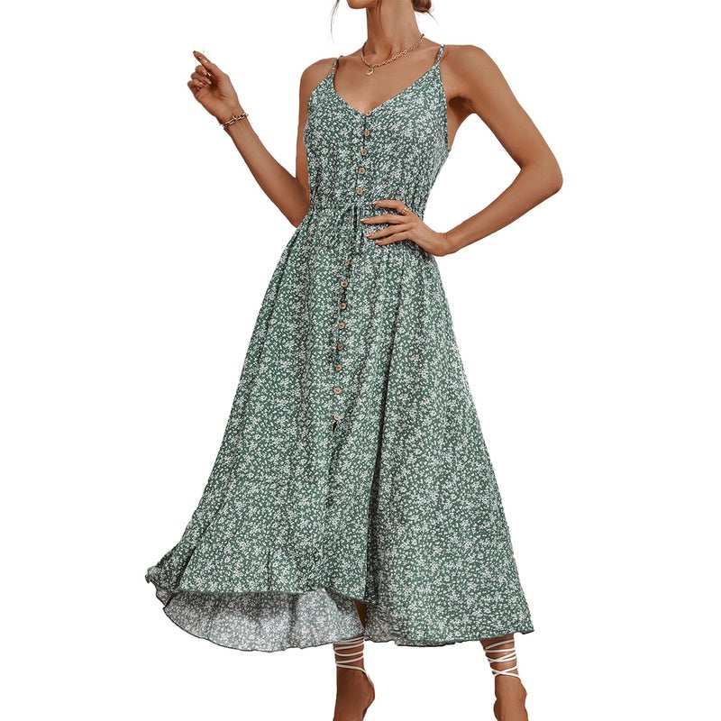 BROVAVE Women's 2025 Summer Casual Boho Sundress Polka Dot Spaghetti Strap V Neck Flowy Midi Dresses(008 Ditsy Green, Small) - Image 1
