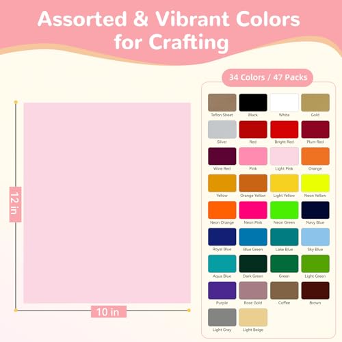 HTVRONT HTV Heat Transfer Vinyl Bundle: 47 Pack 12" x 10" Iron on Vinyl for T-Shirt, 33 Assorted Colors with HTV Accessories Tweezers, Silhouette Cameo or Heat Press Machine - Image 2