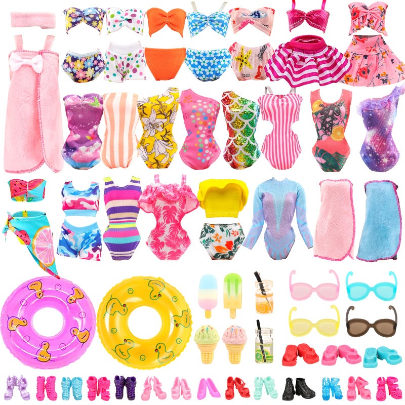 ENOCHT Lot 26 Pack Doll Clothes and Accessories Beach Bathing Set Including 5 Swimsuit 1 Bathrobe 2 Swimming Rings with 18 pcs Glasses Shoes Drinks for 115 inch Girl Dolls - Image 3
