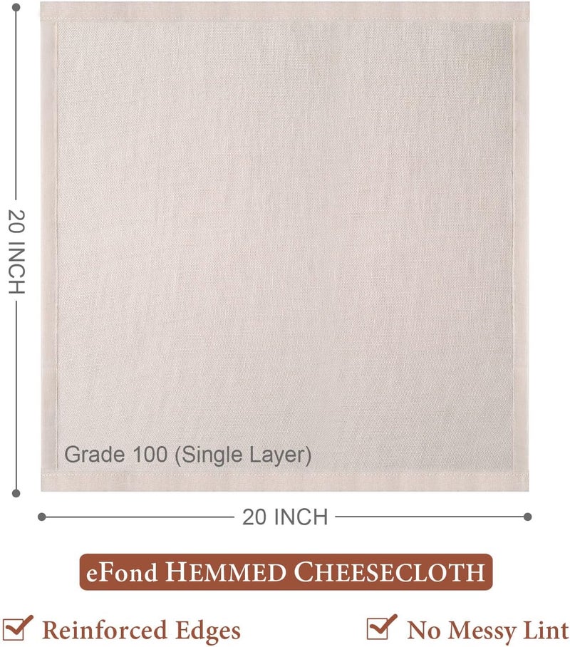 eFond Cheese Cloths, 5-Pack, 20x20Inch Squares with Hemmed Edges, Grade 100 Ultra Fine Reusable Cheesecloth for Straining, Unbleached Cotton Muslin Cloths for Cooking, Nut Milk, Butter & Baking - Image 2