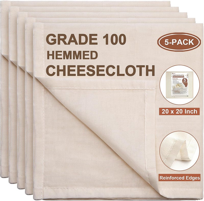 eFond Cheese Cloths, 5-Pack, 20x20Inch Squares with Hemmed Edges, Grade 100 Ultra Fine Reusable Cheesecloth for Straining, Unbleached Cotton Muslin Cloths for Cooking, Nut Milk, Butter & Baking - Image 1