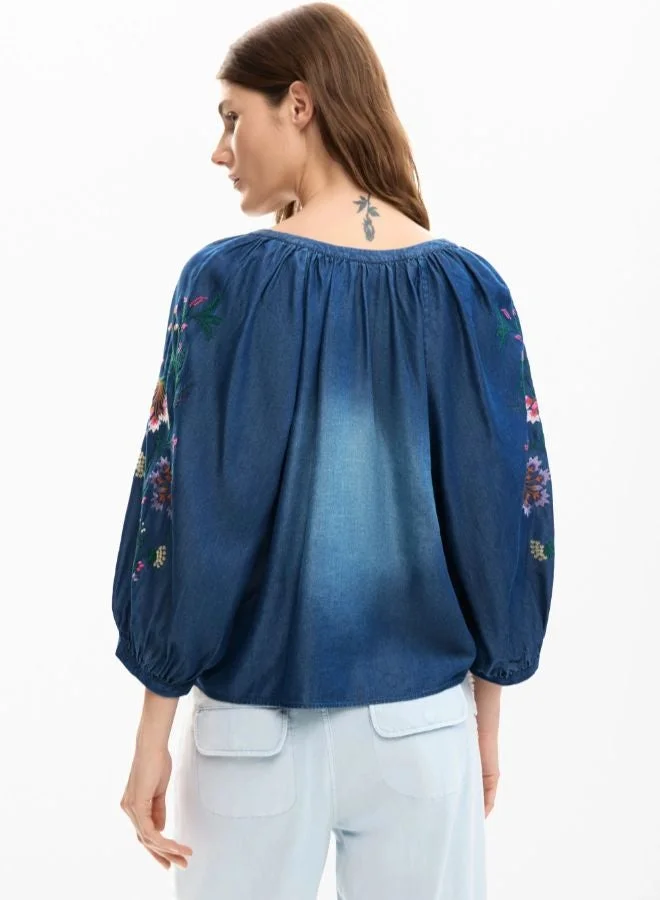 Desigual Blue Embroidered balloon blouse for Women | Best Price UAE
