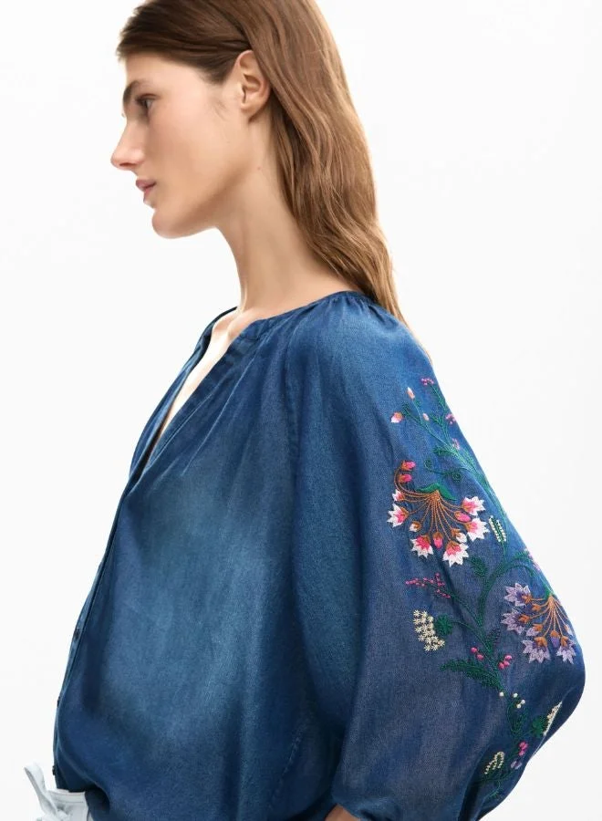 Desigual Blue Embroidered balloon blouse for Women | Best Price UAE