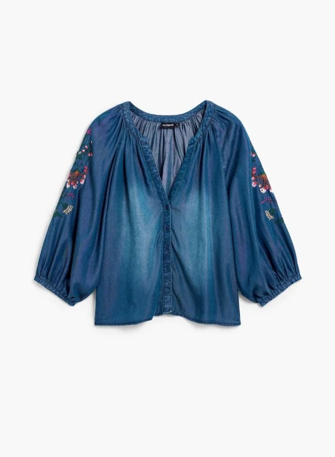 Desigual Blue Embroidered balloon blouse for Women | Best Price UAE