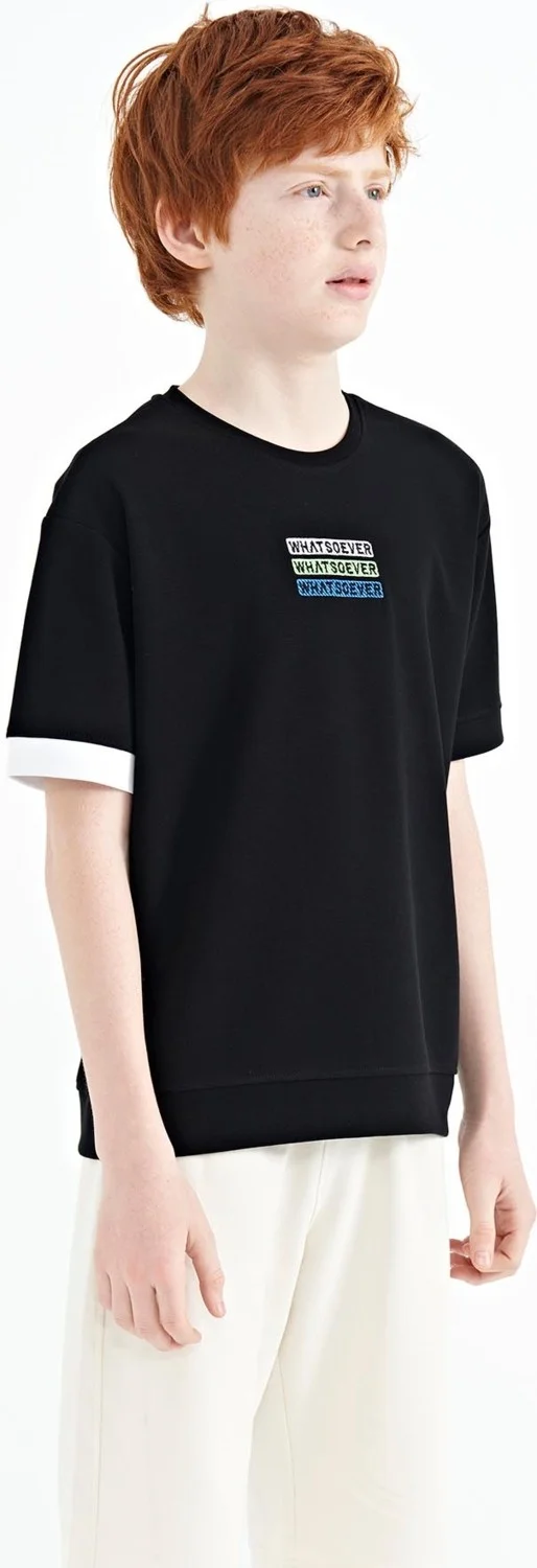 تومي لايف Black Text Embroidered O Neck Oversize Boy T-Shirt - 11146