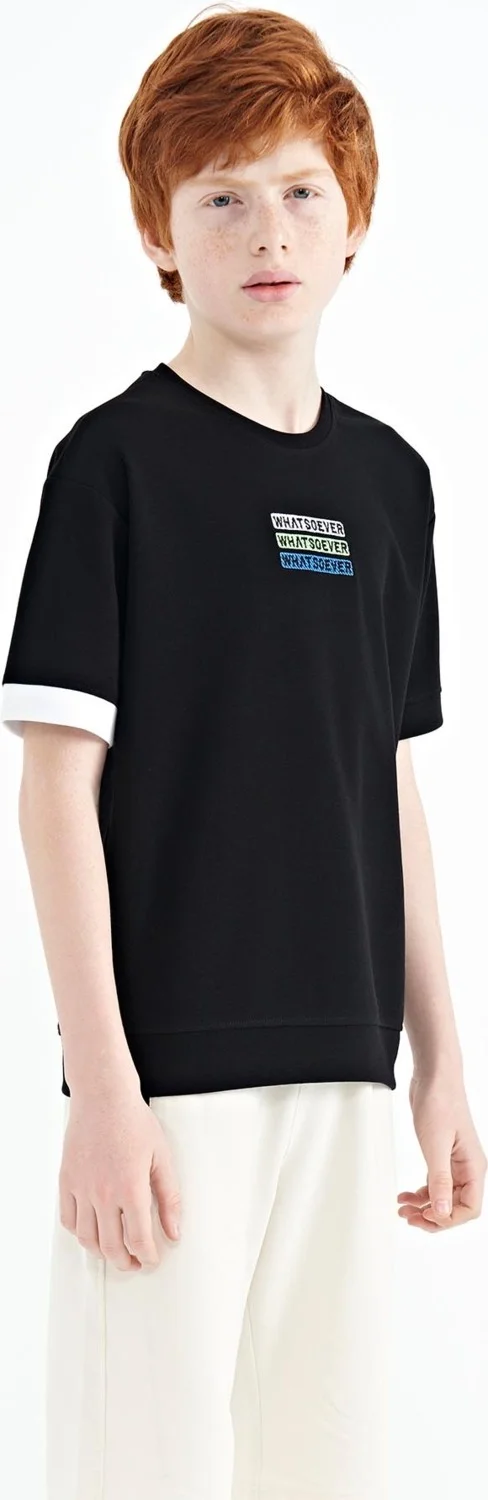 تومي لايف Black Text Embroidered O Neck Oversize Boy T-Shirt - 11146