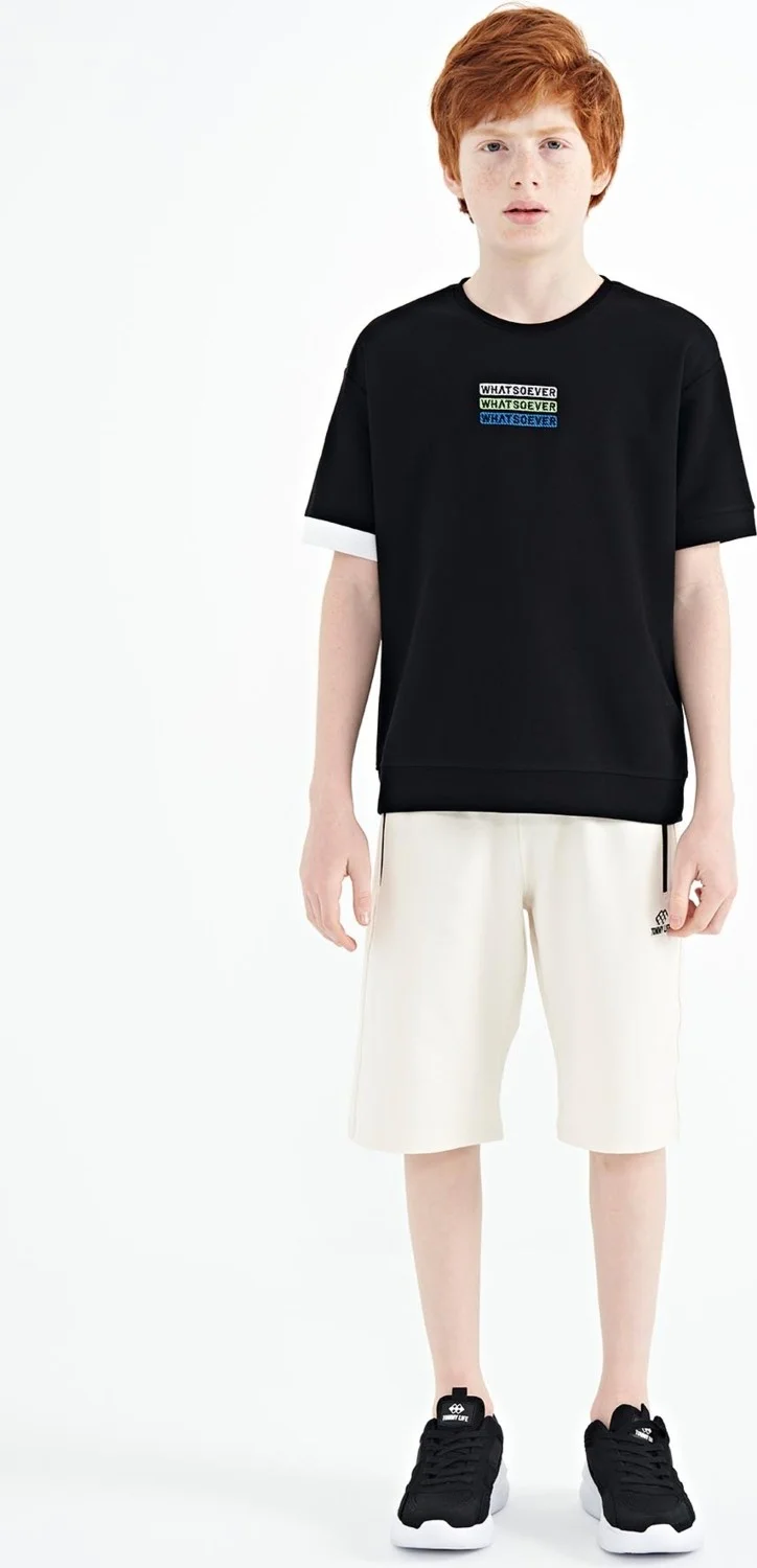 تومي لايف Black Text Embroidered O Neck Oversize Boy T-Shirt - 11146