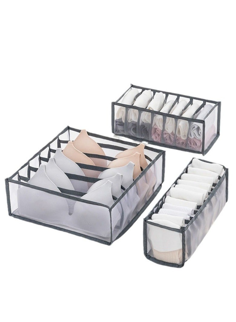 3 Pack Underwear Storage Organizer, Mesh Clothes Drawer Organiser Foldable Storage Box Compartment, Multi-Grid Cabinet Organizers Divider Box for Organizing Bras Socks Ties Belts (3 Pack, Grey) ﻿  - Image 1