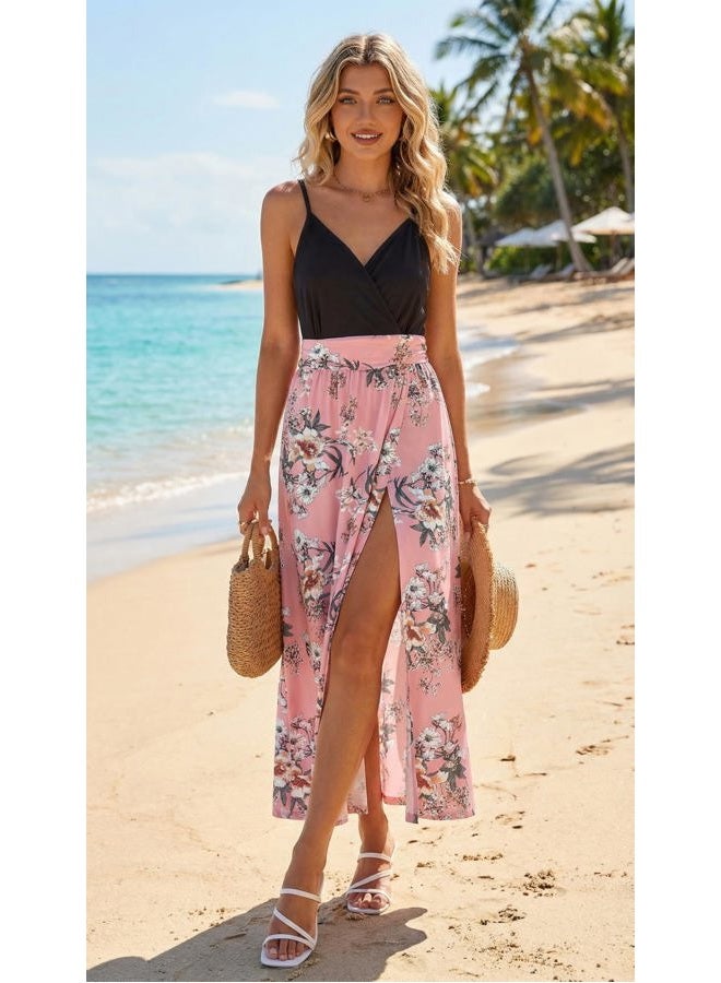 Newshows Women Summer 2025 Maxi Dress Vacation Floral Spaghetti Strap Spring Casual Boho Split Beach Long Flowy Sundress, Pink White Floral, M - Image 3