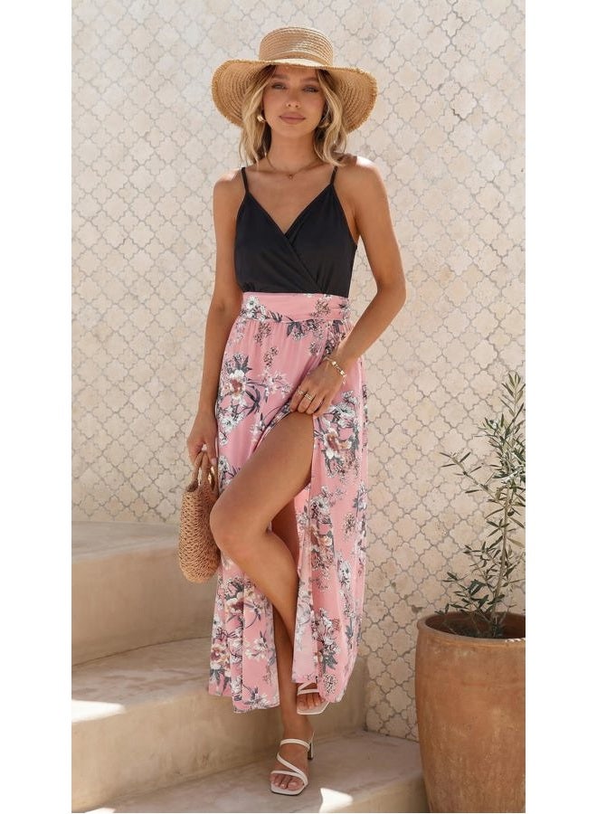 Newshows Women Summer 2025 Maxi Dress Vacation Floral Spaghetti Strap Spring Casual Boho Split Beach Long Flowy Sundress, Pink White Floral, M - Image 4