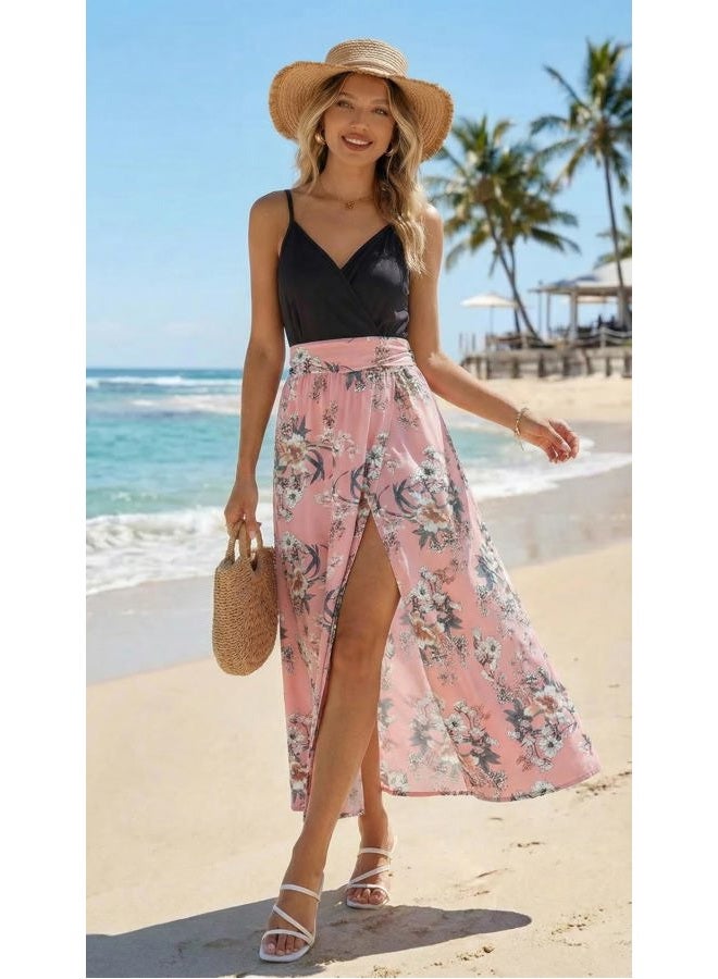 Newshows Women Summer 2025 Maxi Dress Vacation Floral Spaghetti Strap Spring Casual Boho Split Beach Long Flowy Sundress, Pink White Floral, M - Image 2