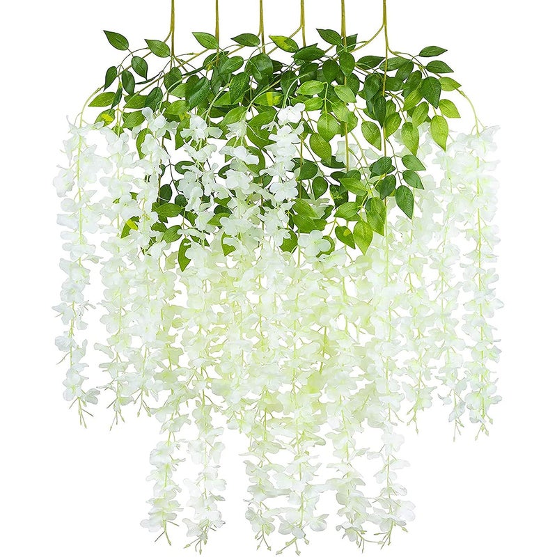 AJSN Artificial Flower for Home Decoration Plants Plastic Flowers Decor Items Decorative Flowers Hanging Bunch Creepers Garlands Leaves for Vase Wedding Room White 6 Pieces White