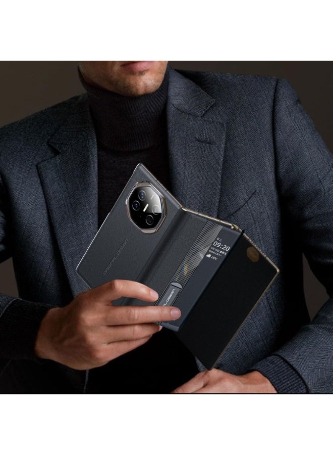 general Slim Case for Huawei Mate XTs, Genuine Leather Flip View Business Cover with Adjustable Stand Camera Protector Phone Case - Image 4