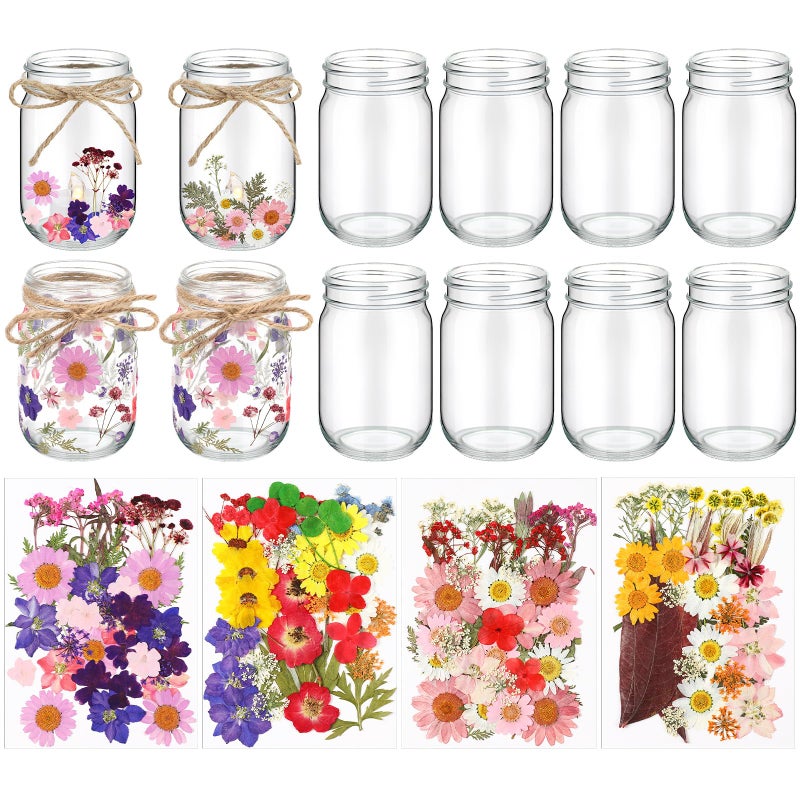 Tinideya 154 Pcs DIY Pressed Flowers Mason Jar Set Pressed Flower Lanterns 12 Mason Jar 140 Natural Real Dried Flower Centerpiece Making Favor for Christmas Wedding Candle Lantern Craft