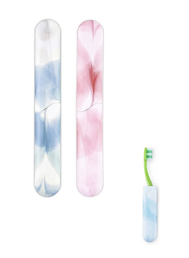 2 Pcs Portable Watercolor Gradient Travel Toothbrush Case, Strong Durable Food Grade PP Plastic Toothbrush Storage Holder, Bottom Vent Hole Dustproof Toothbrush Holder (Pink+Blue)