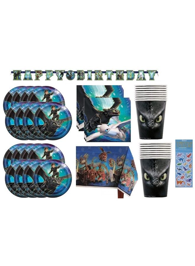 Unique كيفية تدريب تنينك مجموعة لوازم حفلة عيد الميلاد تشمل أطباق الغداء والمناديل والأكواب وغطاء الطاولة ولافتة عيد ميلاد سعيد مجموعة لـ 16 - Image 1