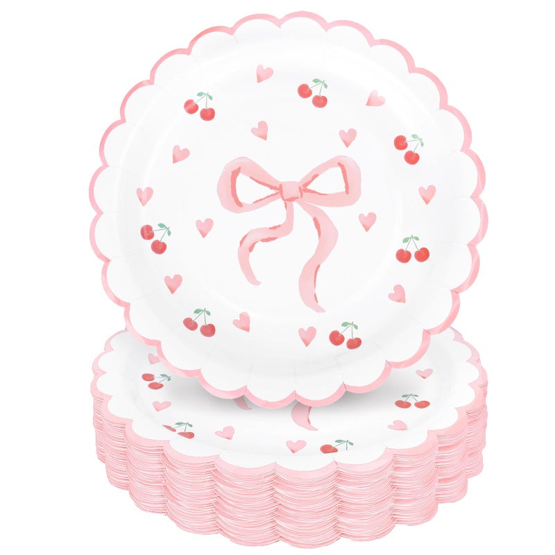 Whaline 40Pcs Pink Scalloped Bow Valentine's Day Paper Plates 9 Inch Disposable Plates Bow Theme Party Dinner Plates For Wedding Birthday Baby Shower Party Supplies - Image 1
