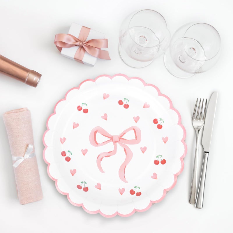 Whaline 40Pcs Pink Scalloped Bow Valentine's Day Paper Plates 9 Inch Disposable Plates Bow Theme Party Dinner Plates For Wedding Birthday Baby Shower Party Supplies - Image 4