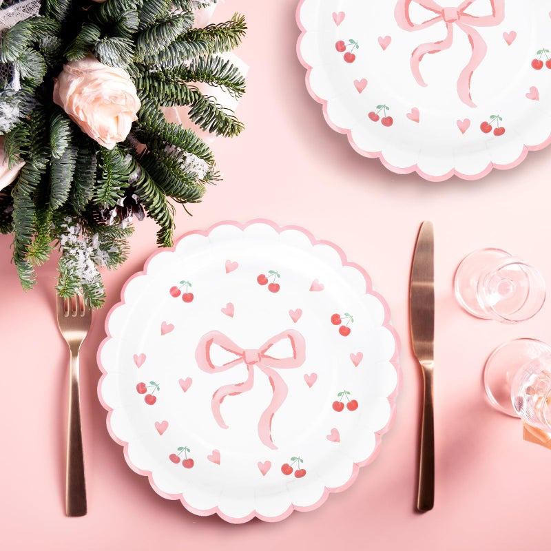 Whaline 40Pcs Pink Scalloped Bow Valentine's Day Paper Plates 9 Inch Disposable Plates Bow Theme Party Dinner Plates For Wedding Birthday Baby Shower Party Supplies - Image 5