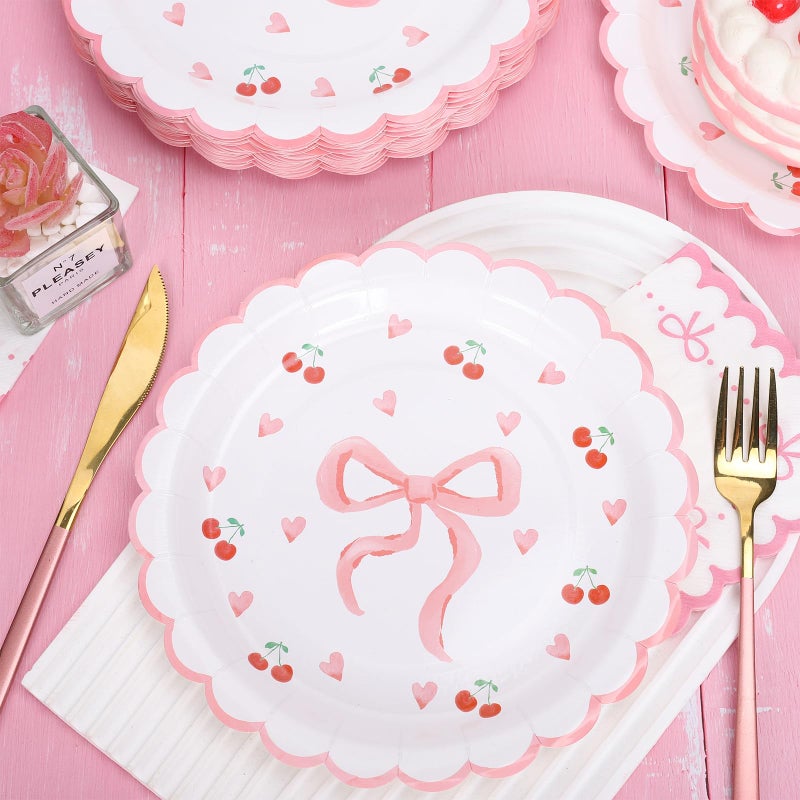 Whaline 40Pcs Pink Scalloped Bow Valentine's Day Paper Plates 9 Inch Disposable Plates Bow Theme Party Dinner Plates For Wedding Birthday Baby Shower Party Supplies - Image 3