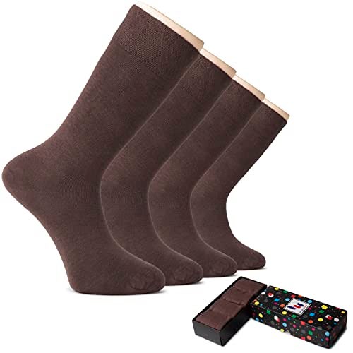 Hugh Ugoli Men's Rayon Dress Socks for Business & Trouser, Thin & Seamless Crew Socks, 4 Pairs with Gift Box, Brown, Shoe Size: 8-12 - Image 1