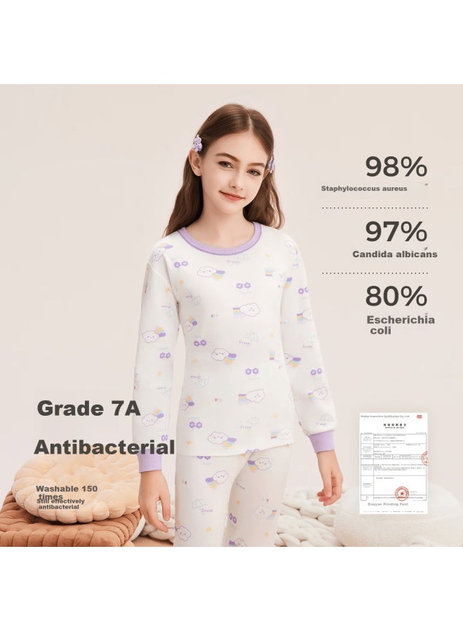 Deesha 7a Antibacterial 40s Tight-spun Girls' Pure Cotton Crew Neck Thermal Underwear Set For Older Children