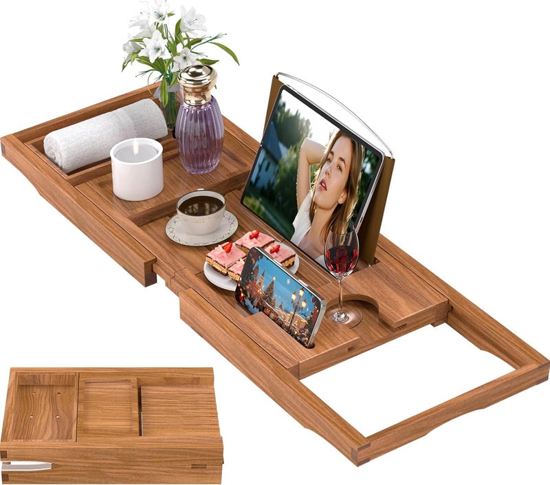 BAMBUROBA Premium Teak Bathtub Tray Caddy, Expandable Wooden Bath Tray for Tub,Luxury Bathroom Accessories,Great House Warming, Anniversary & Wedding and Birthday Gifts - Image 1