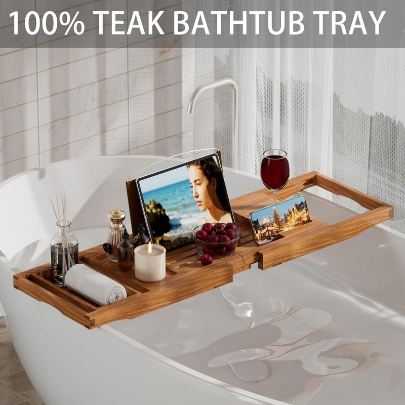BAMBUROBA Premium Teak Bathtub Tray Caddy, Expandable Wooden Bath Tray for Tub,Luxury Bathroom Accessories,Great House Warming, Anniversary & Wedding and Birthday Gifts - Image 2