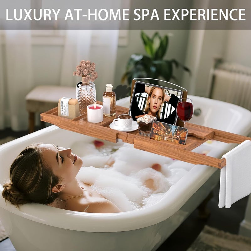 BAMBUROBA Premium Teak Bathtub Tray Caddy, Expandable Wooden Bath Tray for Tub,Luxury Bathroom Accessories,Great House Warming, Anniversary & Wedding and Birthday Gifts - Image 4