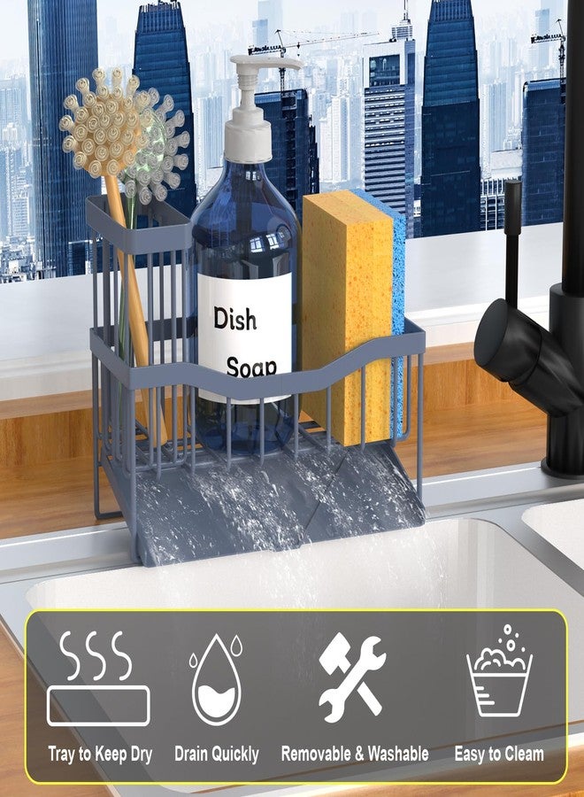 Fssvcd Maifan Sink Caddy Sponge Holder for Kitchen with Brush Holder and Stainless Steel Self Drain Tray, Rustproof Kitchen Sink Organizer for Sponge, Soap Dispenser Storage Accessories Grey Blue - Image 3