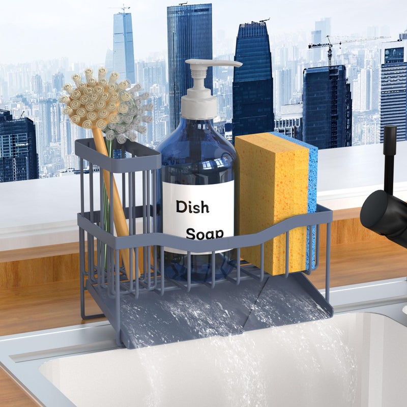 Fssvcd Maifan Sink Caddy Sponge Holder for Kitchen with Brush Holder and Stainless Steel Self Drain Tray, Rustproof Kitchen Sink Organizer for Sponge, Soap Dispenser Storage Accessories Grey Blue - Image 1