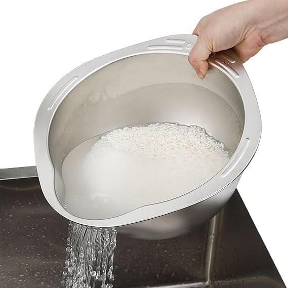 KRESHU 4-in-1 Rice Washer Strainer Bowl SUS 304 Aluminium Material | Side Drainers Small Colander for Cleaning and Rinsing Fruits, Vegetables & Beans | Strainer with Stable Adhesive Hook (Pack of 1) - Image 2
