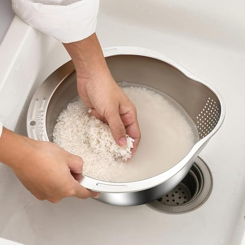 KRESHU 4-in-1 Rice Washer Strainer Bowl SUS 304 Aluminium Material | Side Drainers Small Colander for Cleaning and Rinsing Fruits, Vegetables & Beans | Strainer with Stable Adhesive Hook (Pack of 1) - Image 3