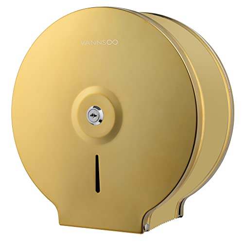 VANNSOO Commercial Jumbo Toilet Paper Dispenser Wall Mount Stainless Steel 9 Inch Roll Toilet Paper Holder Bath Tissue Dispenser with Lock Key Gold