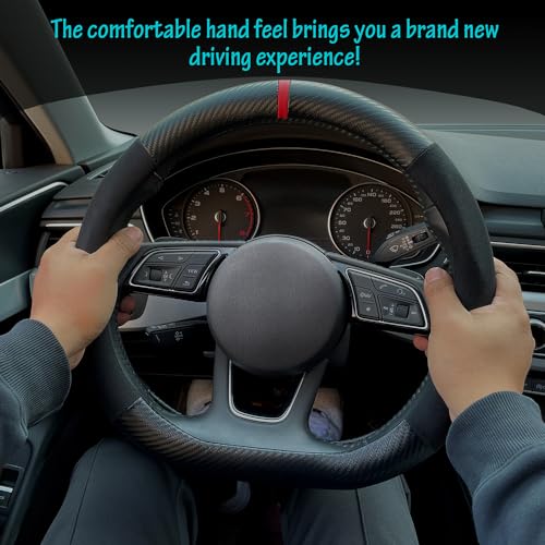 Carodi Suede Carbon Fiber Steering Wheel Cover - Non-Slip Leather, Fits Car Interiors, Universal 15-inch (D-Shape, Black Suede with Carbon Fiber) - Image 5